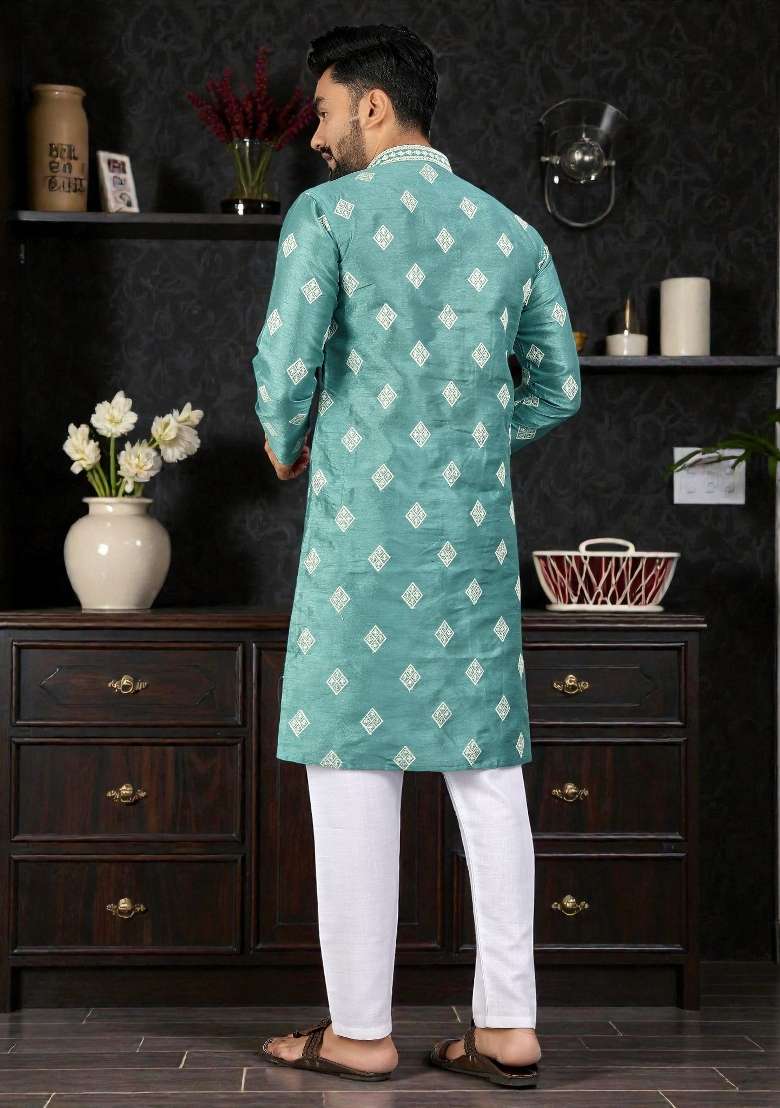 Sky Blue Embroidered Silk Kurta Set For Men - Indya