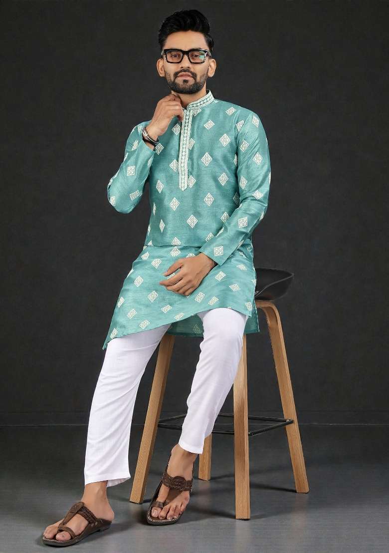 Sky Blue Embroidered Silk Kurta Set For Men - Indya