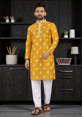Yellow Embroidered Silk Kurta Set For Men