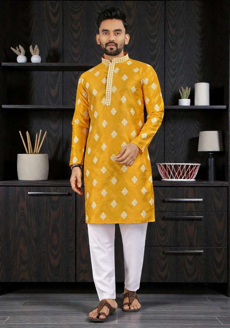 Yellow Embroidered Silk Kurta Set For Men - Indya