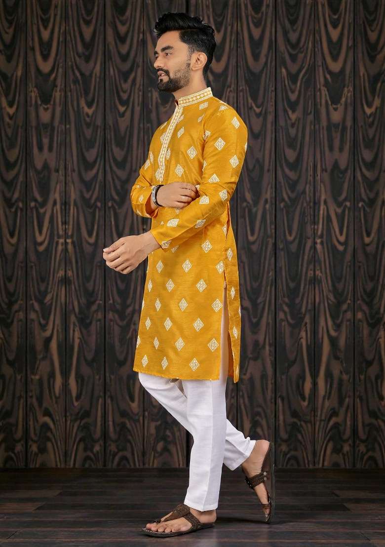Yellow Embroidered Silk Kurta Set For Men - Indya