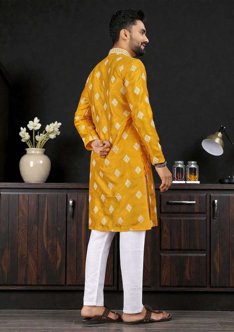 Yellow Embroidered Silk Kurta Set For Men - Indya