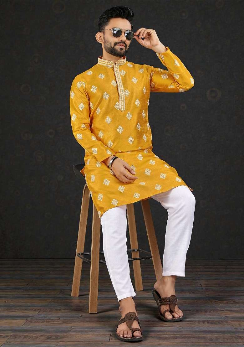 Yellow Embroidered Silk Kurta Set For Men - Indya