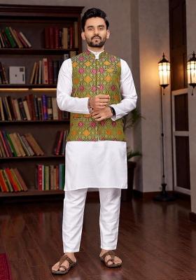 Mehendi Weaving Work Silk Nehru Jacket For Men
