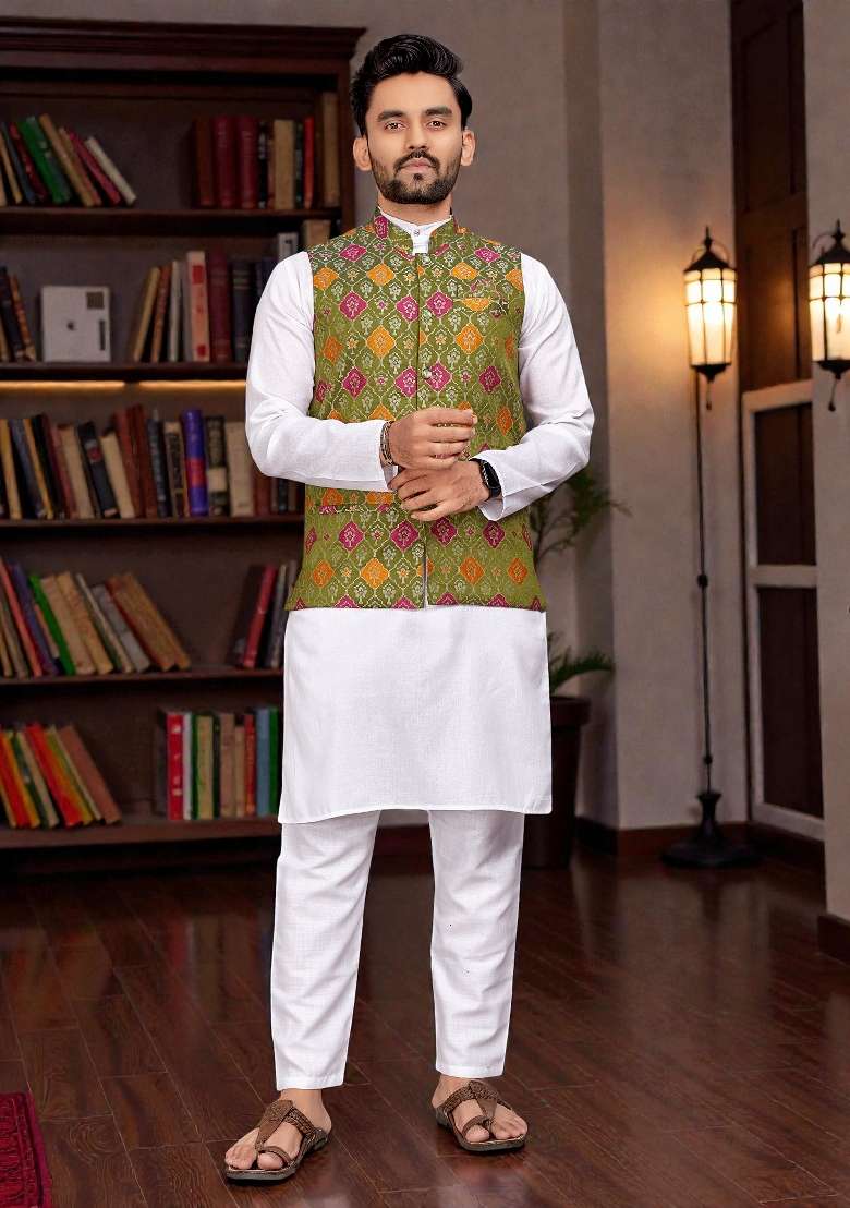 Mehendi Weaving Work Silk Nehru Jacket For Men - Indya