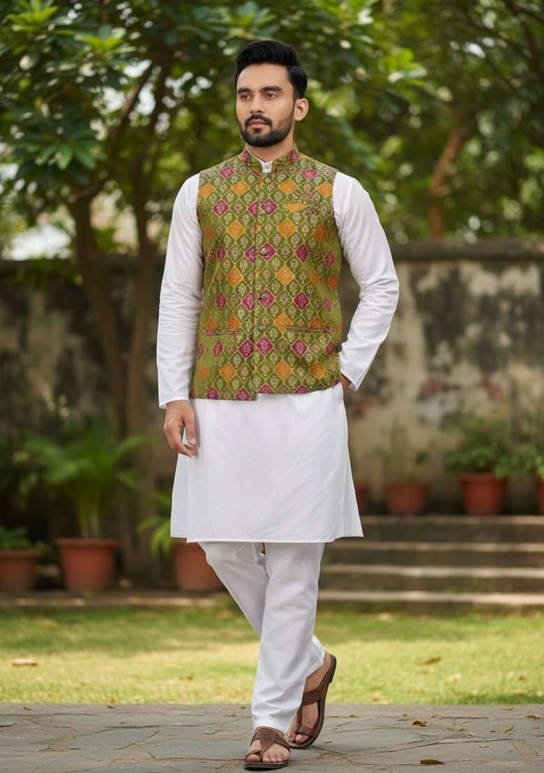 Mehendi Weaving Work Silk Nehru Jacket For Men - Indya
