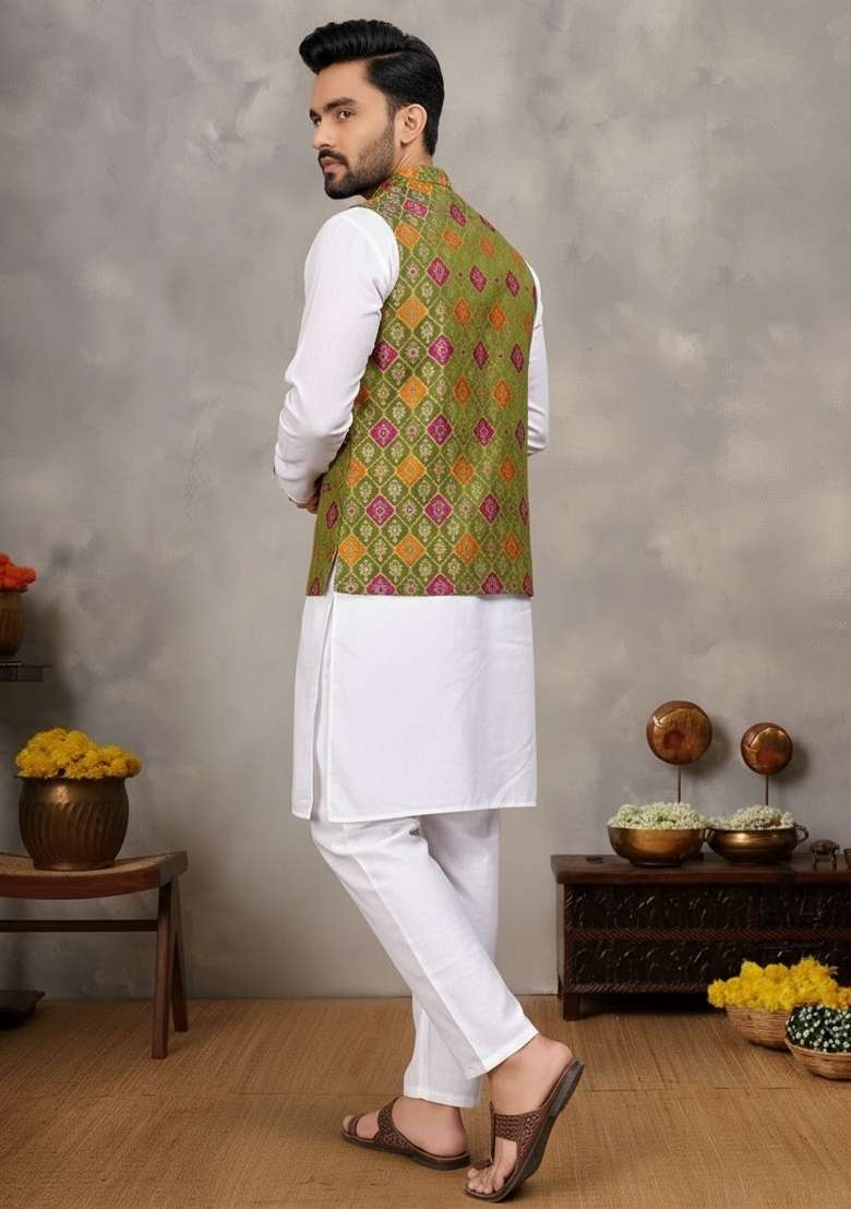 Mehendi Weaving Work Silk Nehru Jacket For Men - Indya