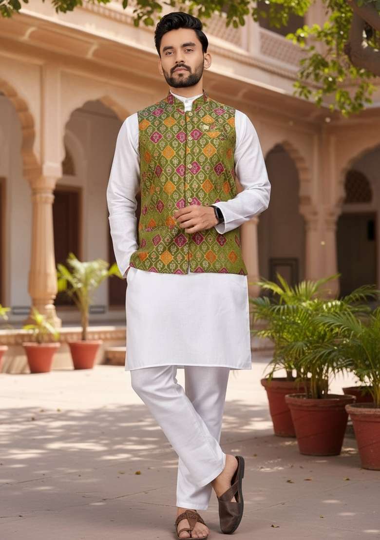 Mehendi Weaving Work Silk Nehru Jacket For Men - Indya