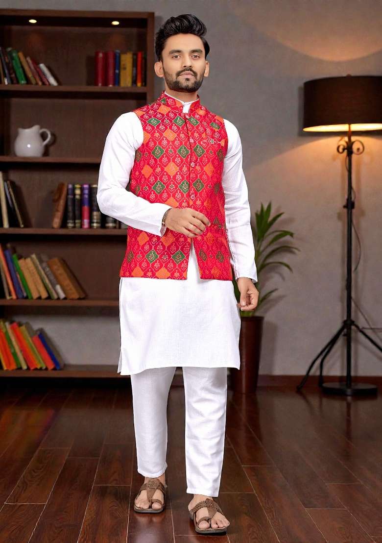 Pink Weaving Work Silk Nehru Jacket For Men - Indya
