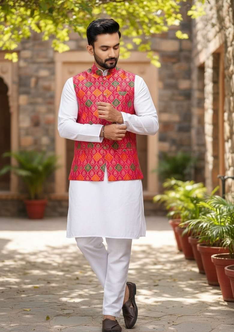 Pink Weaving Work Silk Nehru Jacket For Men - Indya