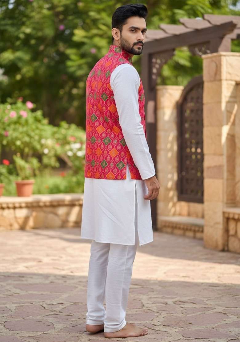 Pink Weaving Work Silk Nehru Jacket For Men - Indya