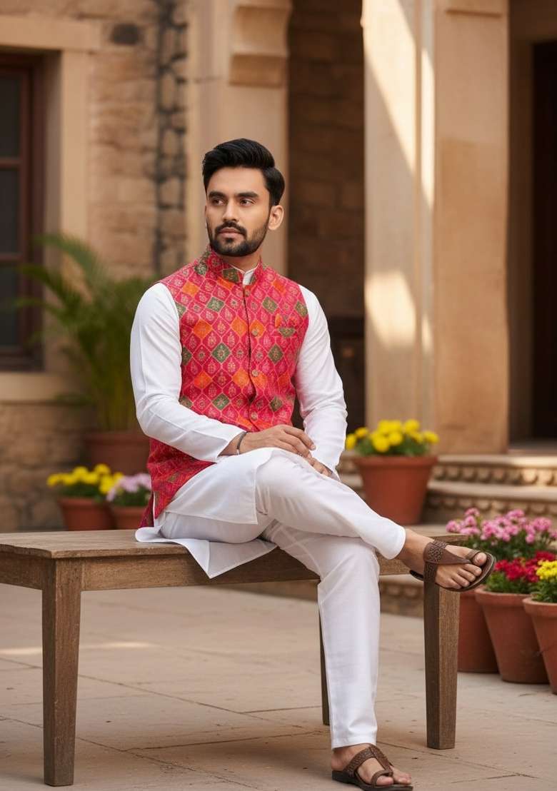 Pink Weaving Work Silk Nehru Jacket For Men - Indya