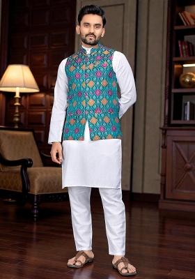 Rama Weaving Work Silk Nehru Jacket For Men