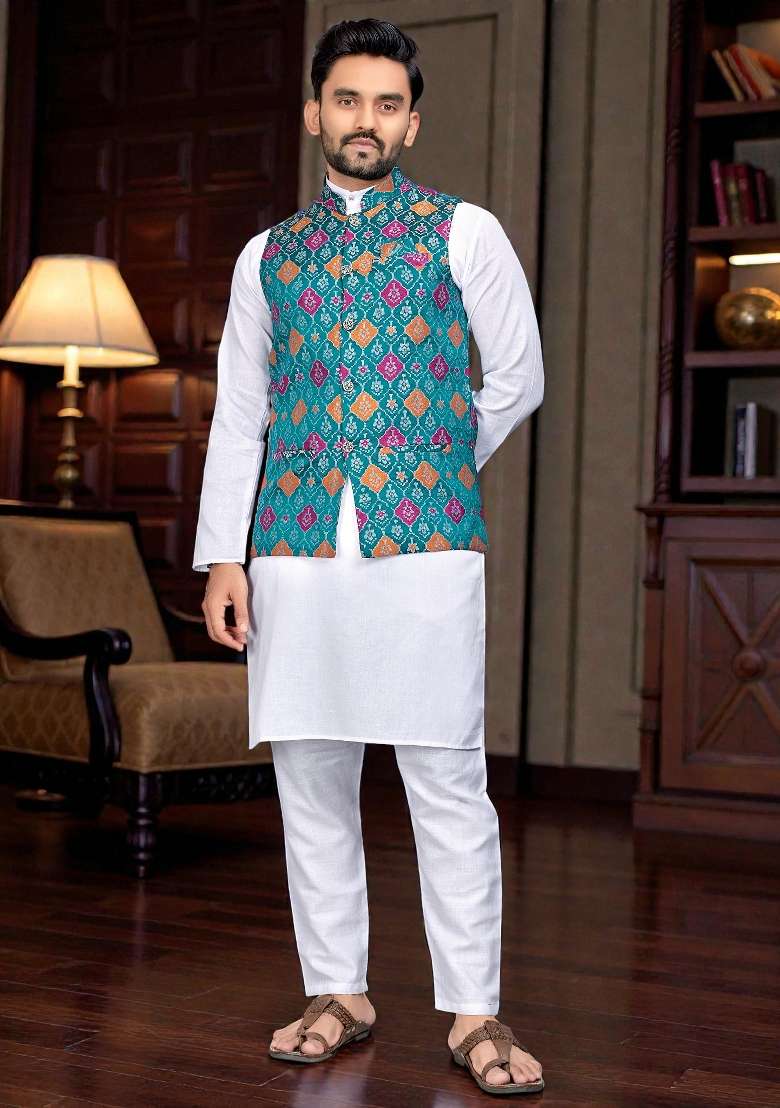 Rama Weaving Work Silk Nehru Jacket For Men - Indya