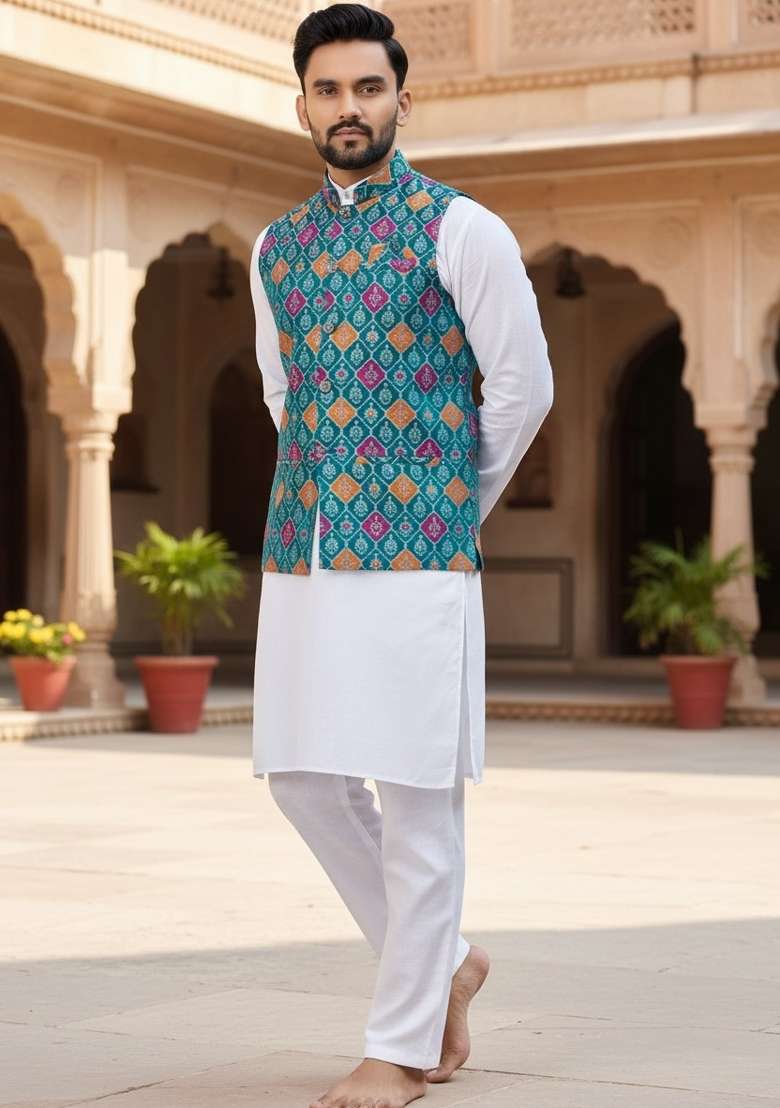 Rama Weaving Work Silk Nehru Jacket For Men - Indya
