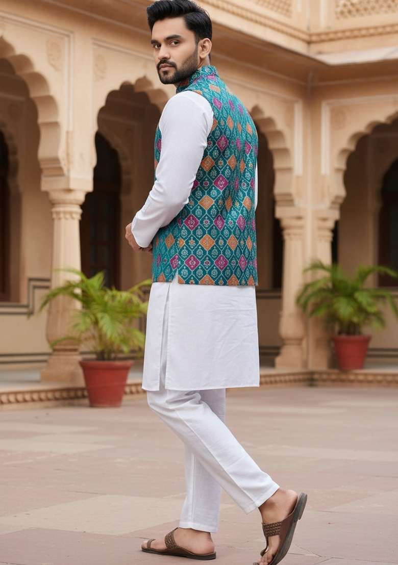 Rama Weaving Work Silk Nehru Jacket For Men - Indya