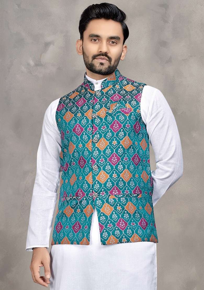 Rama Weaving Work Silk Nehru Jacket For Men - Indya