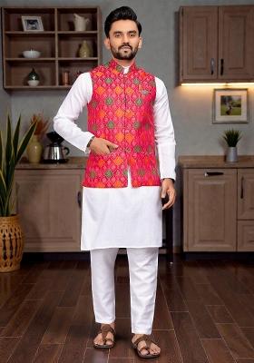 Red Weaving Work Silk Nehru Jacket For Men