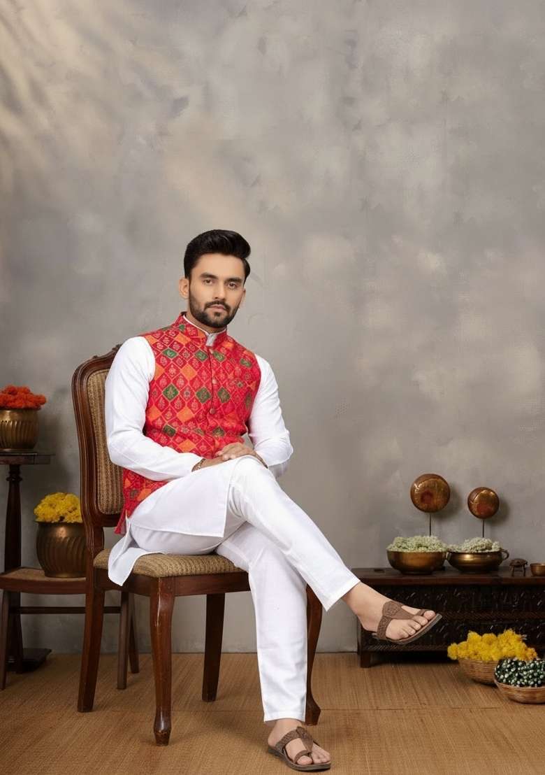 Red Weaving Work Silk Nehru Jacket For Men - Indya