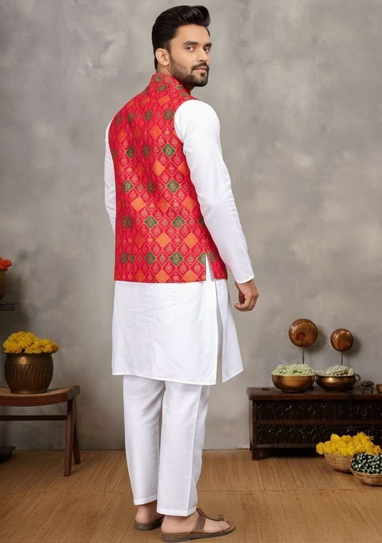 Red Weaving Work Silk Nehru Jacket For Men - Indya