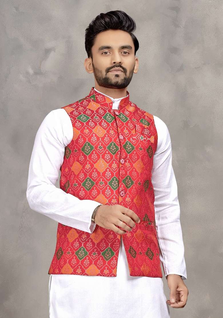 Red Weaving Work Silk Nehru Jacket For Men - Indya