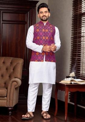 Purple Weaving Work Silk Nehru Jacket For Men