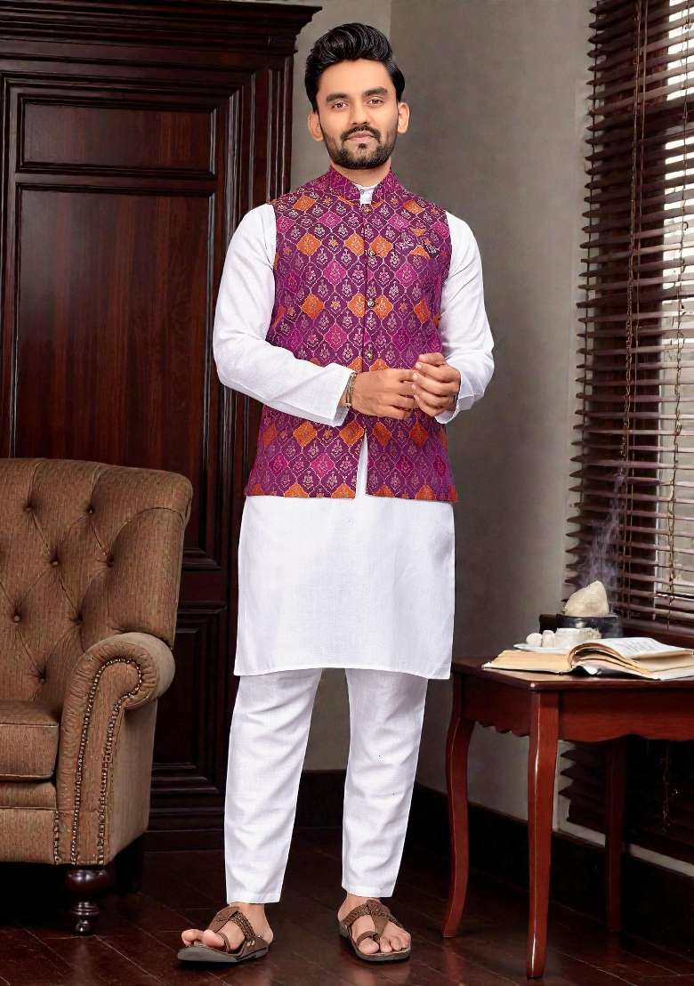 Purple Weaving Work Silk Nehru Jacket For Men - Indya