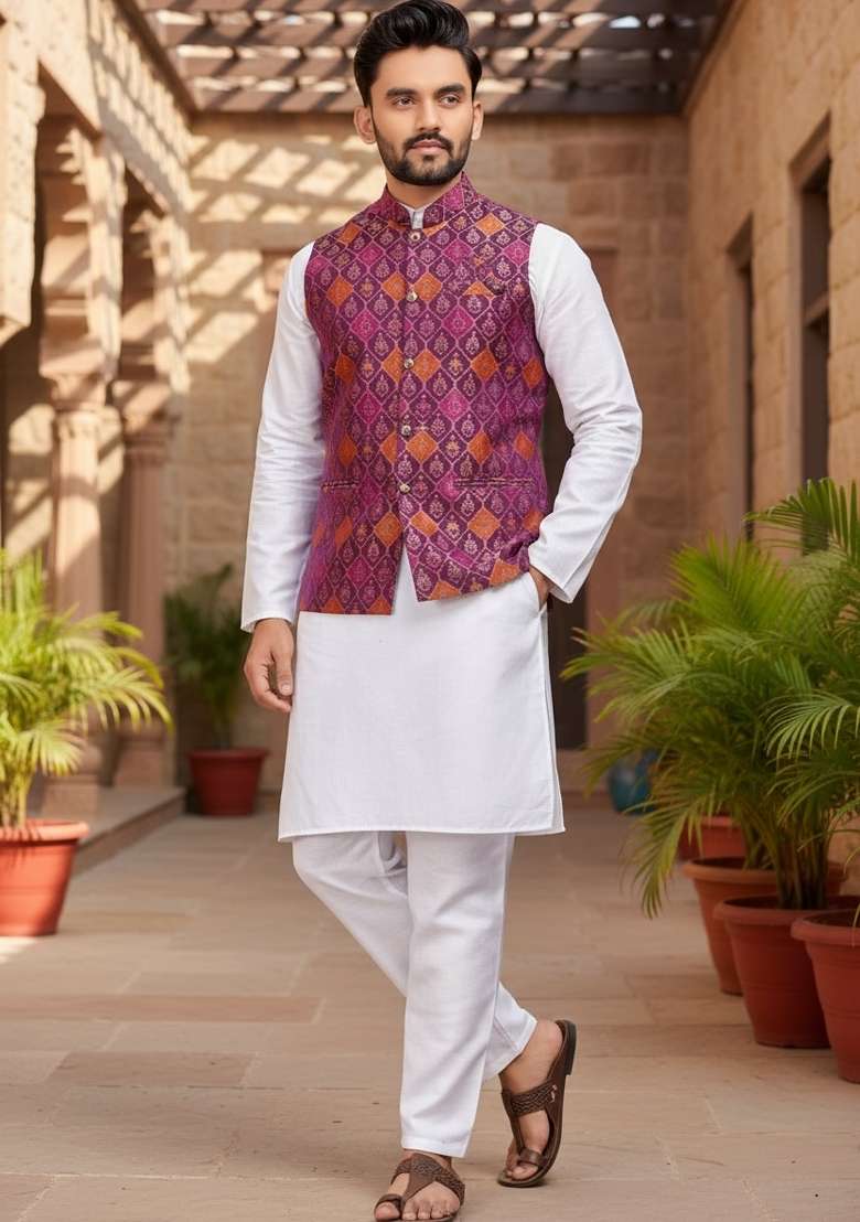 Purple Weaving Work Silk Nehru Jacket For Men - Indya