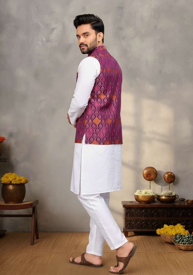 Purple Weaving Work Silk Nehru Jacket For Men - Indya