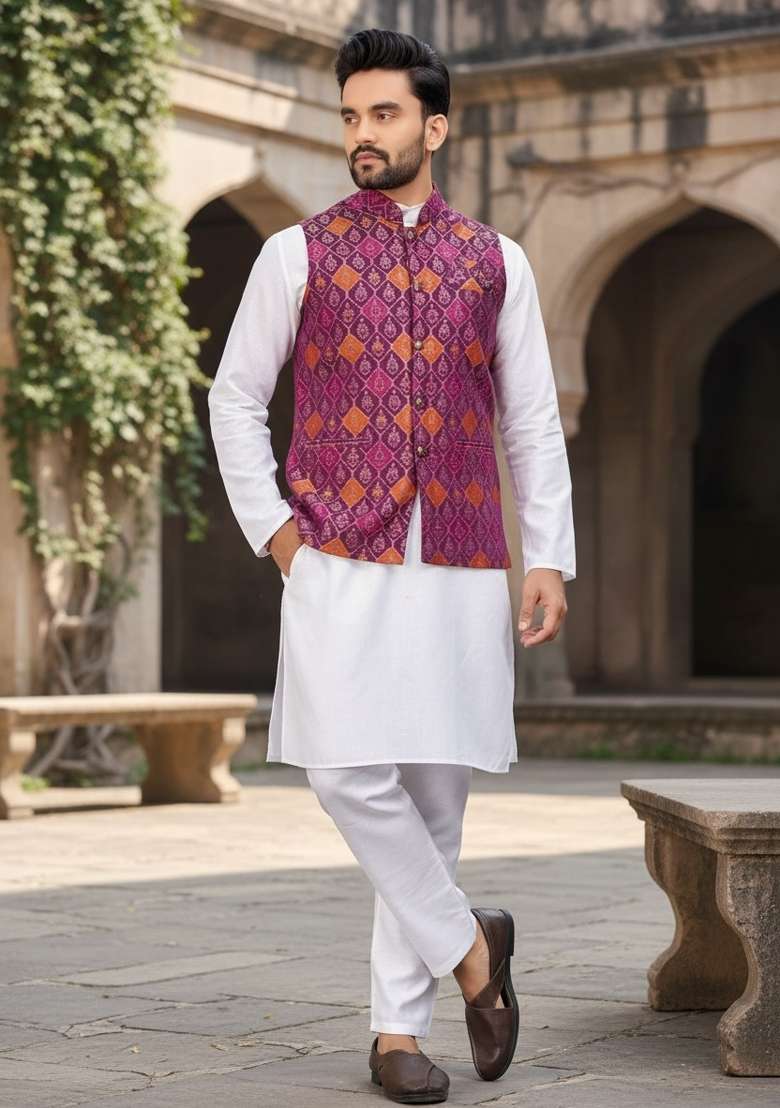 Purple Weaving Work Silk Nehru Jacket For Men - Indya