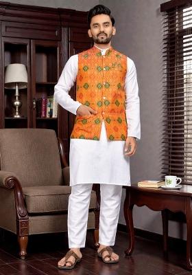 Yellow Weaving Work Silk Nehru Jacket For Men