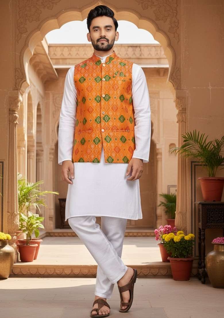 Yellow Weaving Work Silk Nehru Jacket For Men - Indya