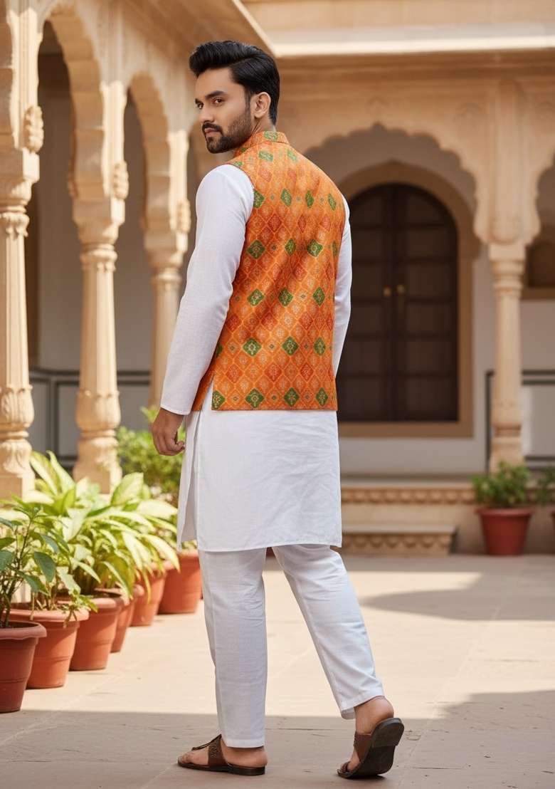 Yellow Weaving Work Silk Nehru Jacket For Men - Indya