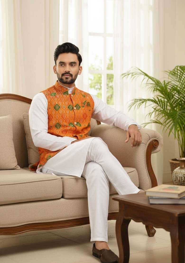 Yellow Weaving Work Silk Nehru Jacket For Men - Indya