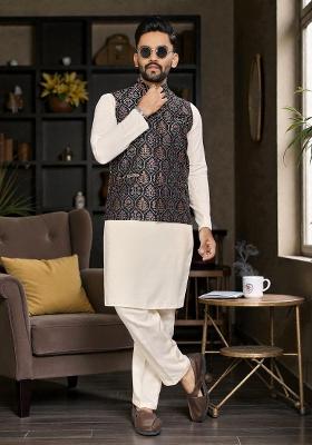 Black Weaving Work Silk Nehru Jacket For Men
