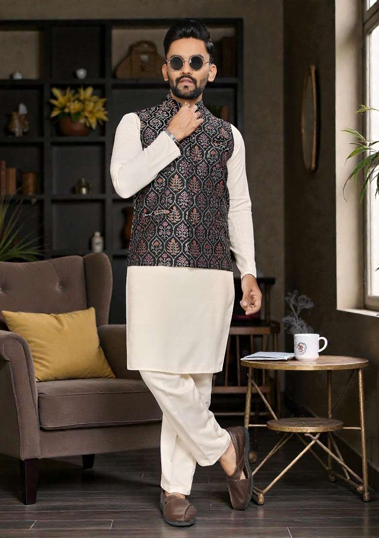 Black Weaving Work Silk Nehru Jacket For Men - Indya