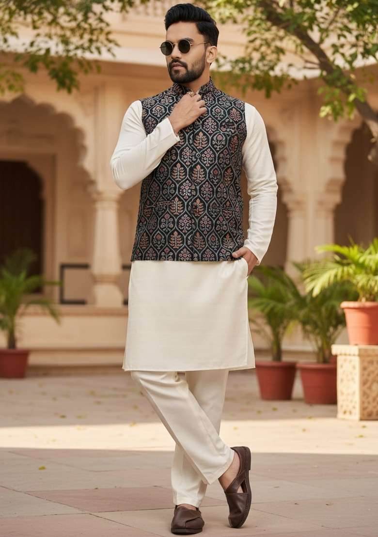 Black Weaving Work Silk Nehru Jacket For Men - Indya