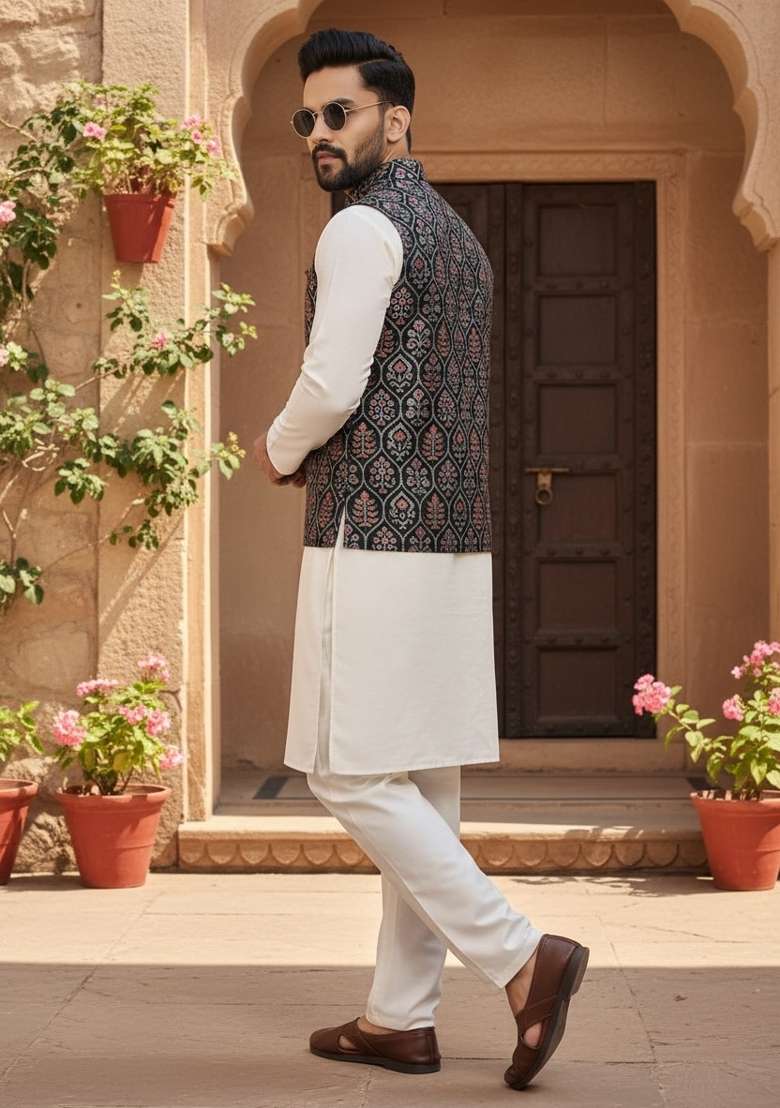 Black Weaving Work Silk Nehru Jacket For Men - Indya