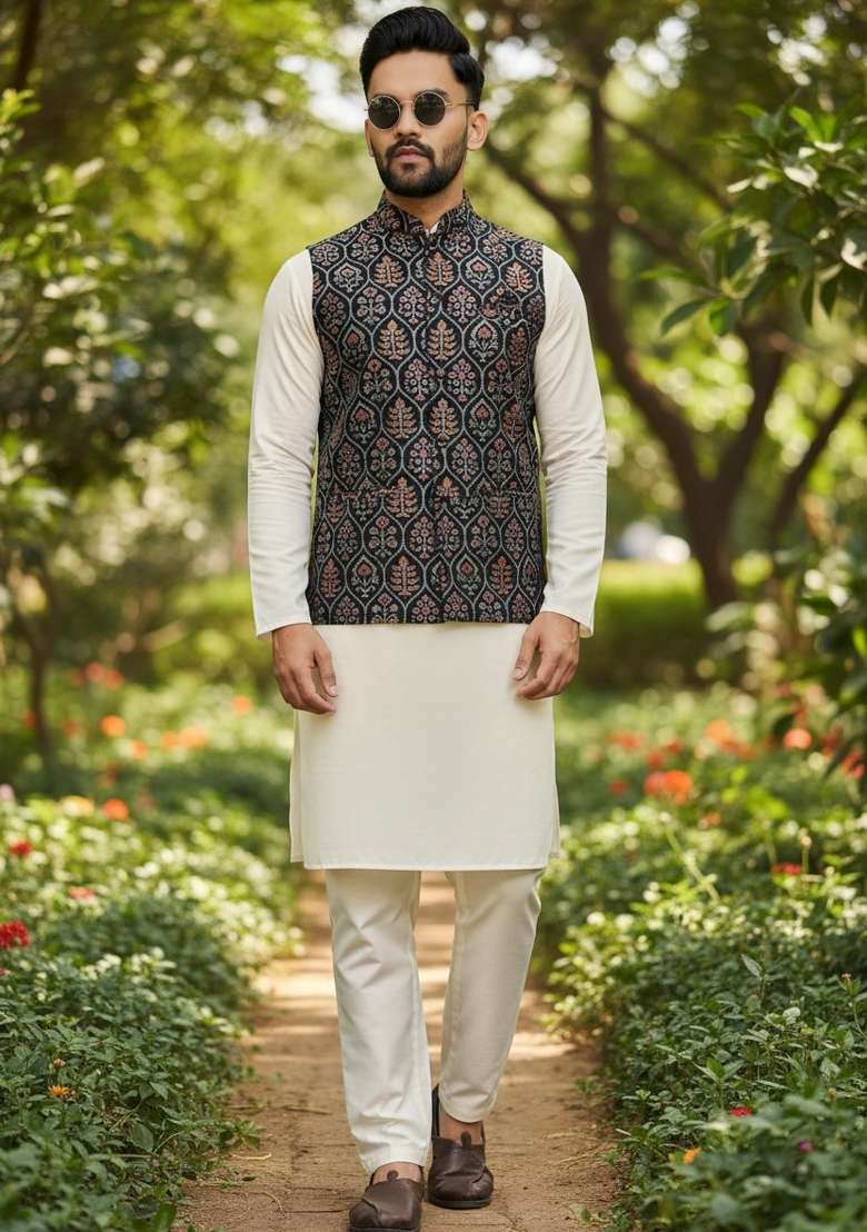 Black Weaving Work Silk Nehru Jacket For Men - Indya