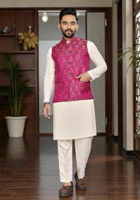 Pink Weaving Work Silk Nehru Jacket For Men