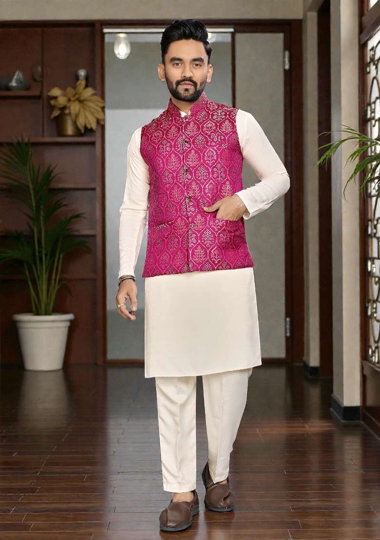 Pink Weaving Work Silk Nehru Jacket For Men - Indya
