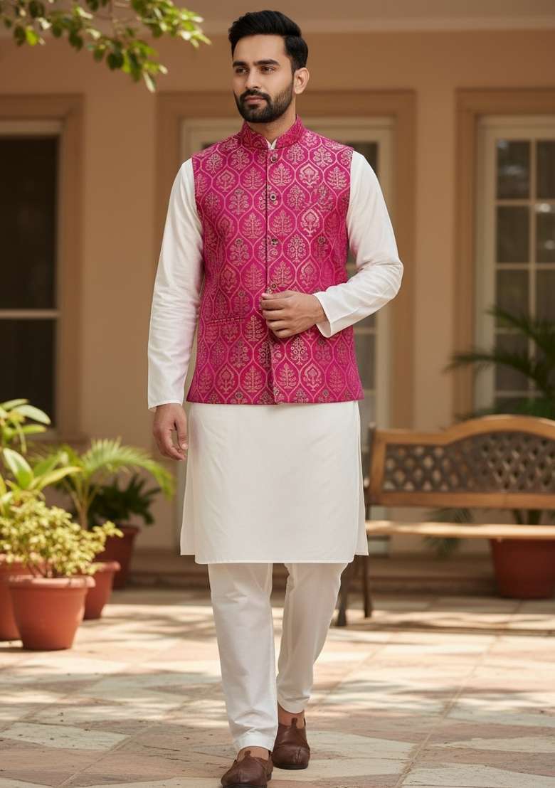 Pink Weaving Work Silk Nehru Jacket For Men - Indya