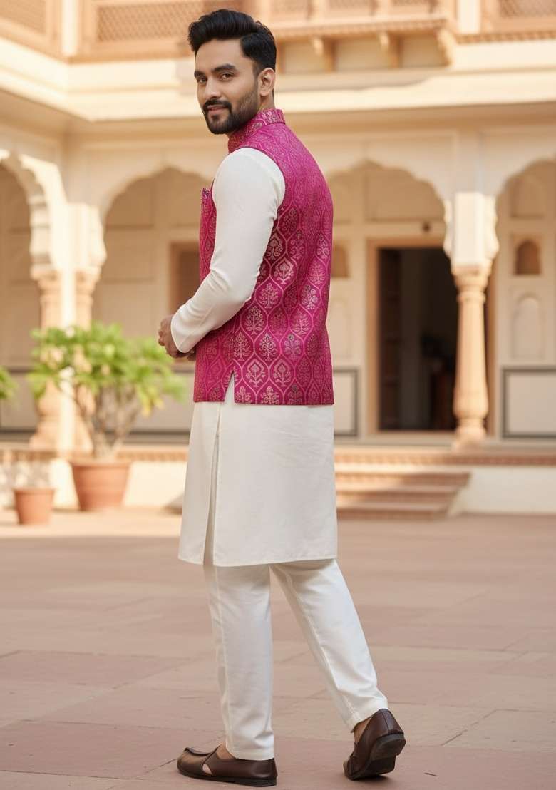 Pink Weaving Work Silk Nehru Jacket For Men - Indya
