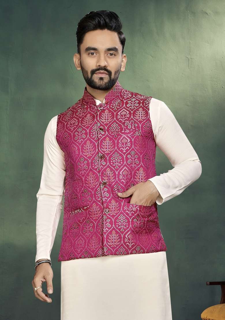 Pink Weaving Work Silk Nehru Jacket For Men - Indya