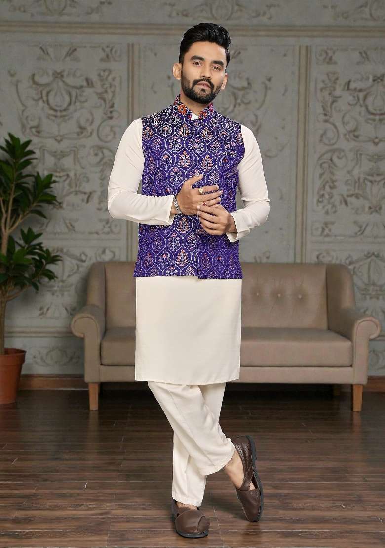 Purple Weaving Work Silk Nehru Jacket For Men - Indya