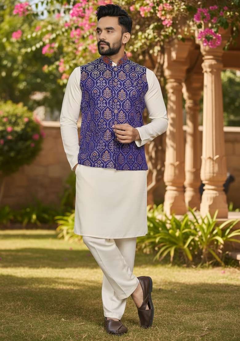 Purple Weaving Work Silk Nehru Jacket For Men - Indya