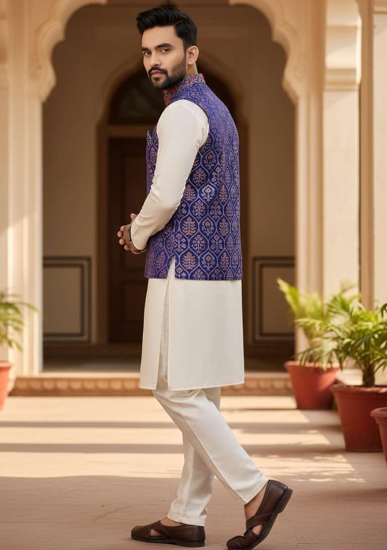 Purple Weaving Work Silk Nehru Jacket For Men - Indya