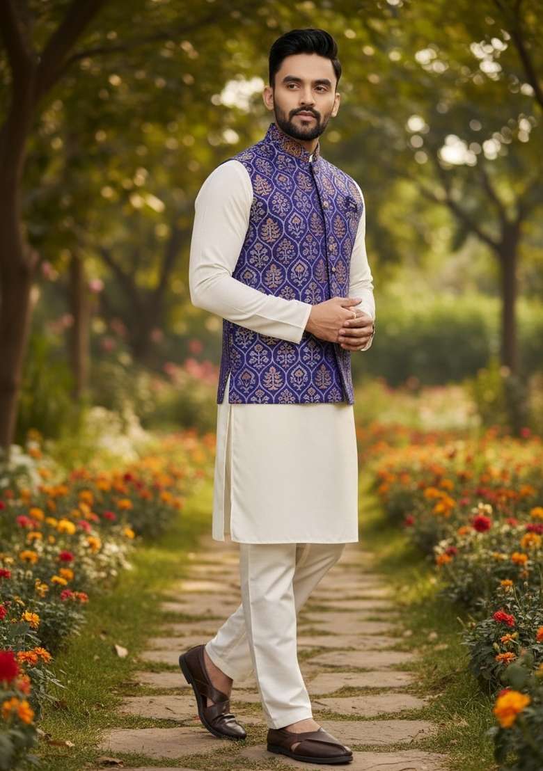 Purple Weaving Work Silk Nehru Jacket For Men - Indya