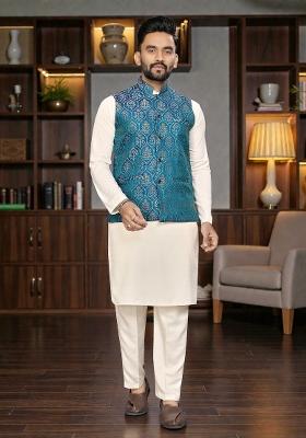 Rama Weaving Work Silk Nehru Jacket For Men