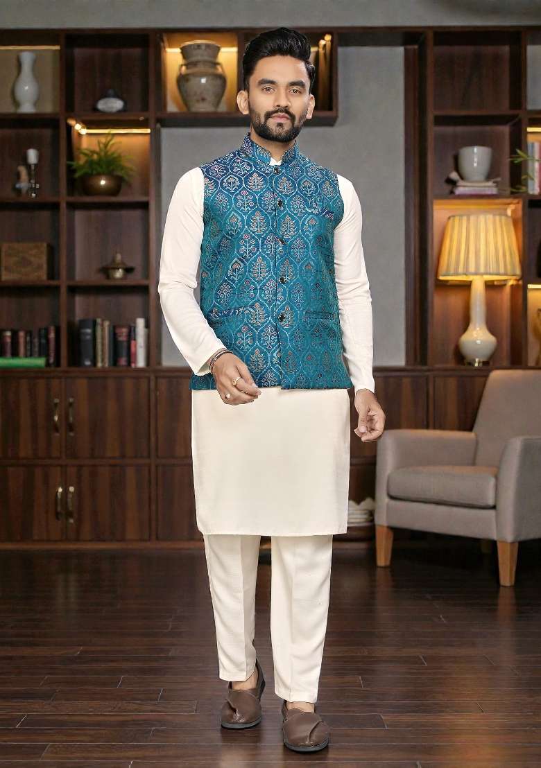 Rama Weaving Work Silk Nehru Jacket For Men - Indya